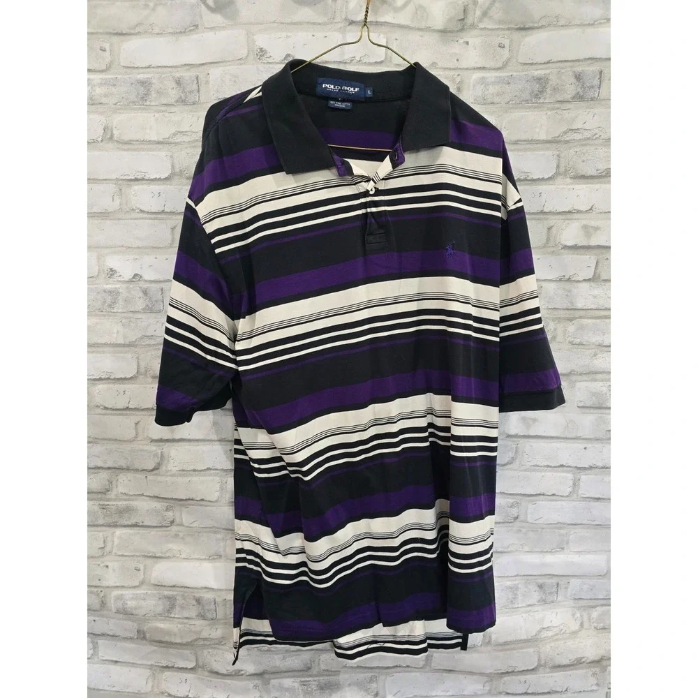 VTG Polo Golf Ralph Lauren Rugby Striped Polo Shirt Men L Black Purple Pony
